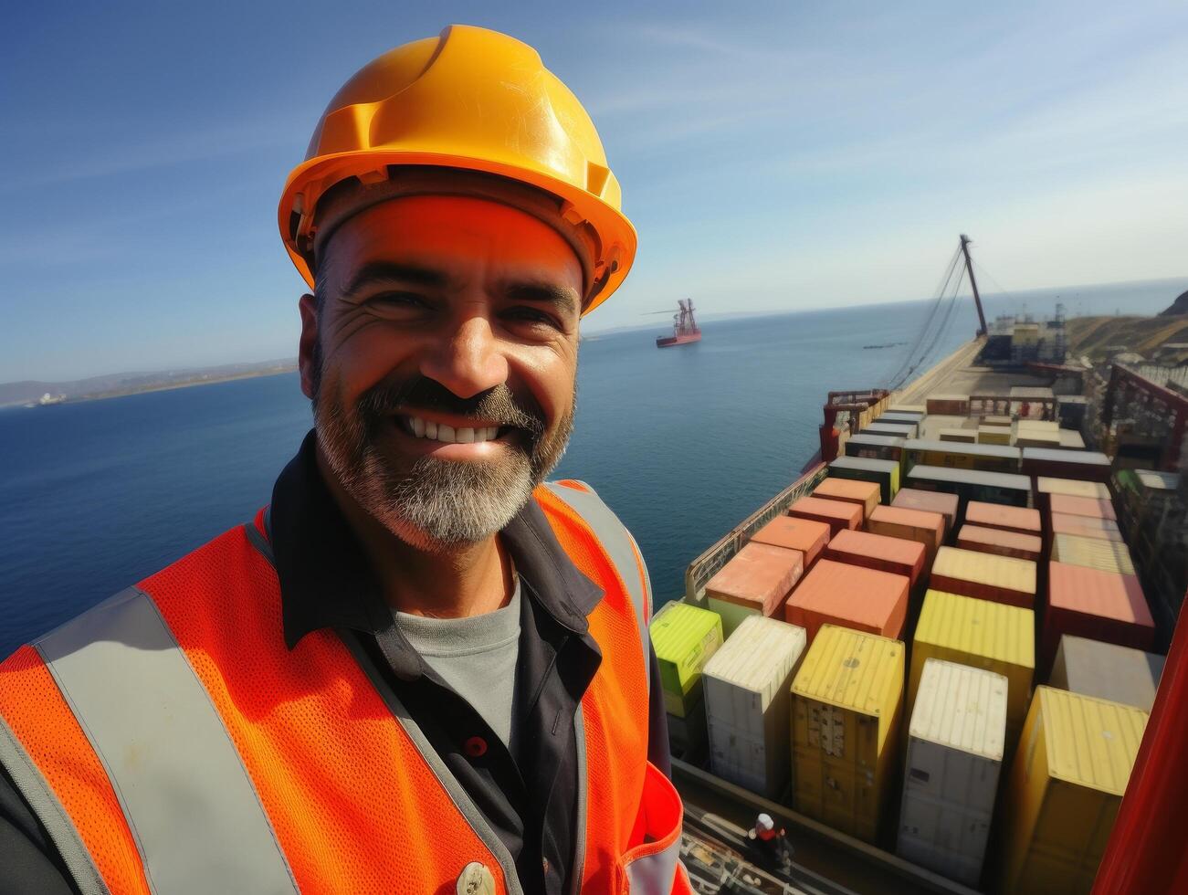 smiling worker in safety gear on cargo ship photo