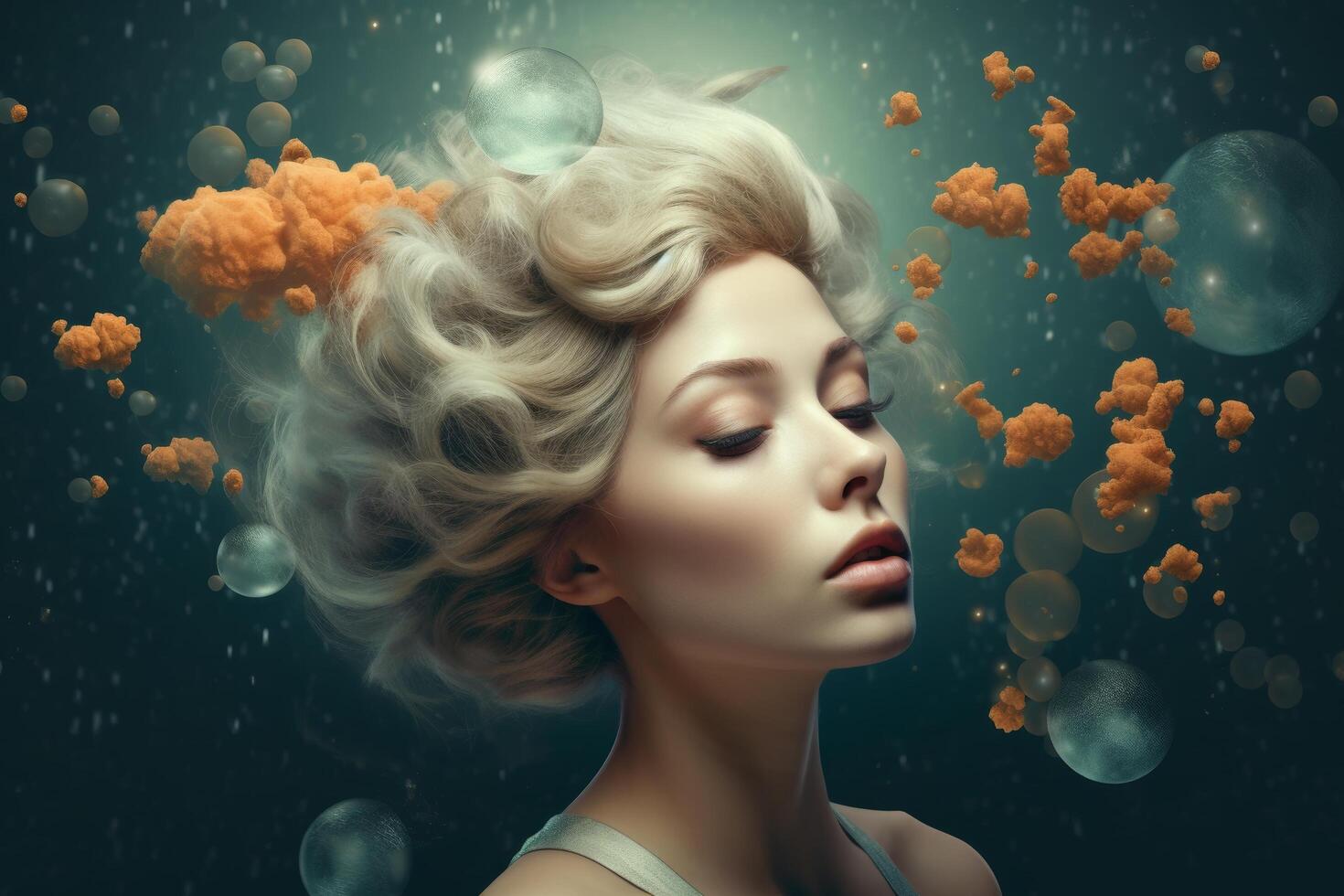 Dreamy portrait of a woman with flowing blonde hair photo