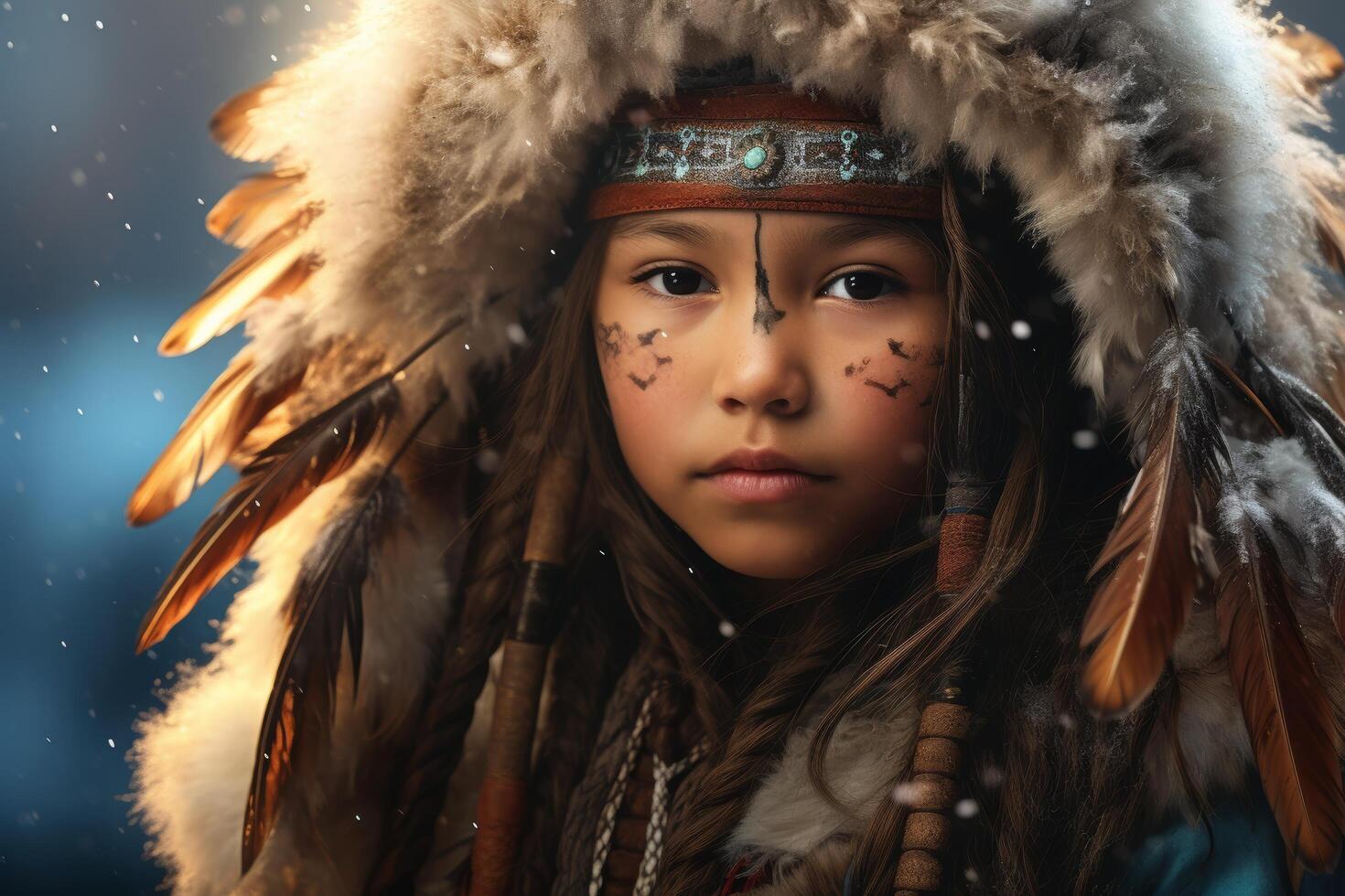 indigenous child in winter clothing with feathered headdress photo