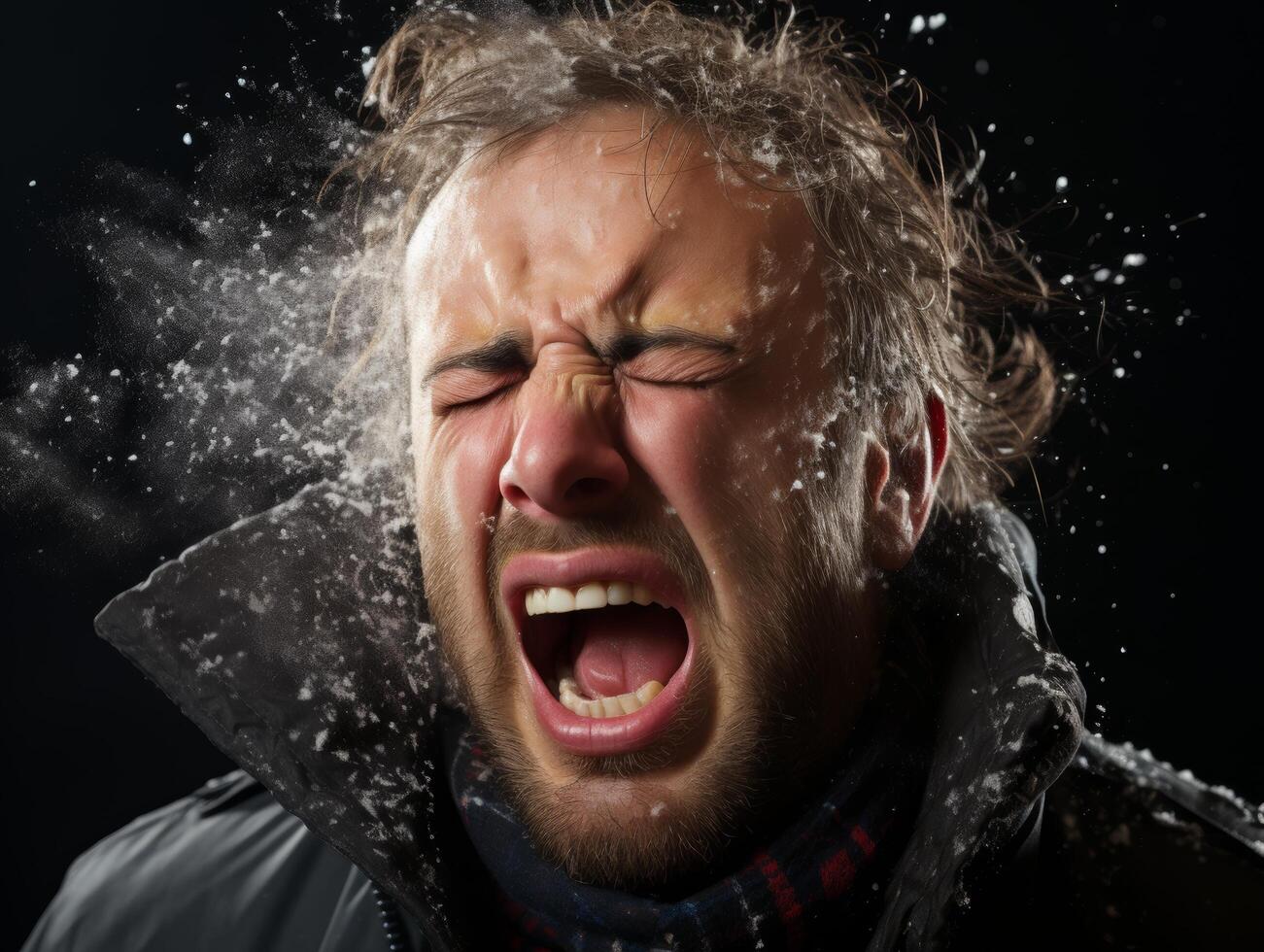 Intense facial expression of a man shouting in the cold photo