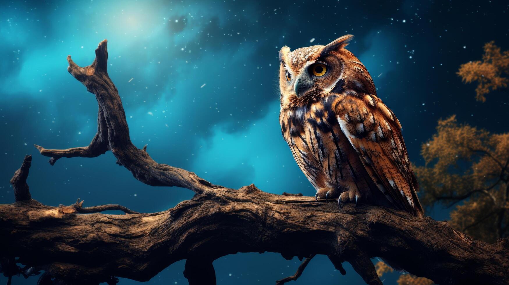 Majestic owl perched on a branch in a mystical forest photo