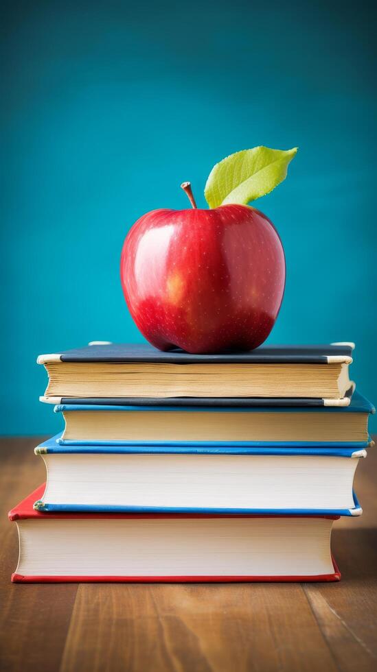 red apple on stack of books photo