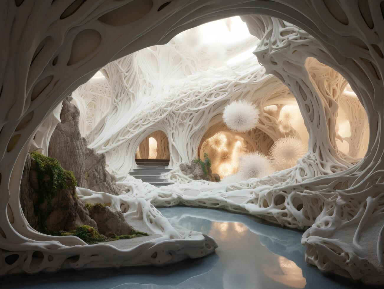 Surreal fantasy cave with glowing mushrooms and flowing water photo