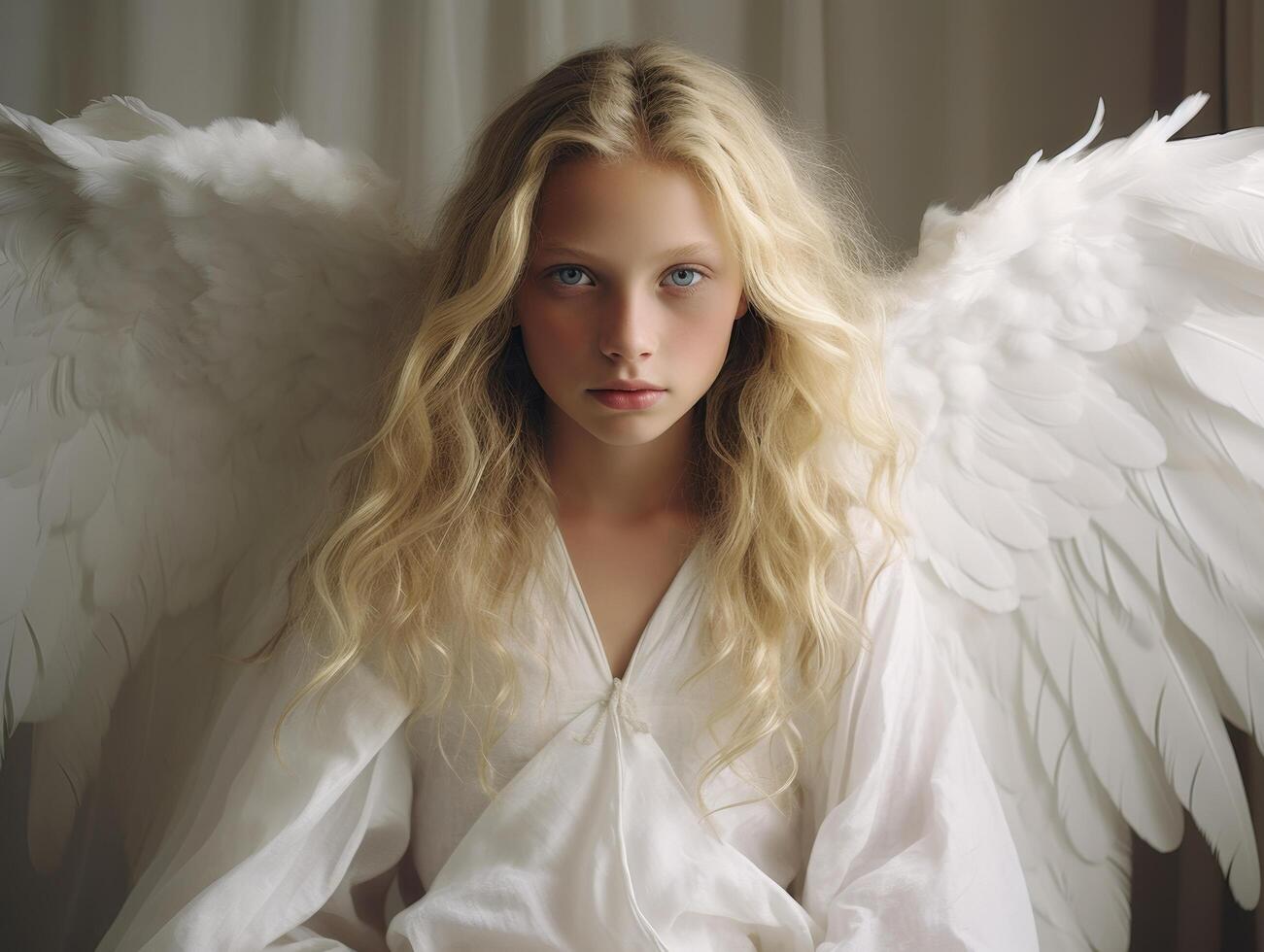 Angelic portrait of a young woman with flowing blonde hair photo