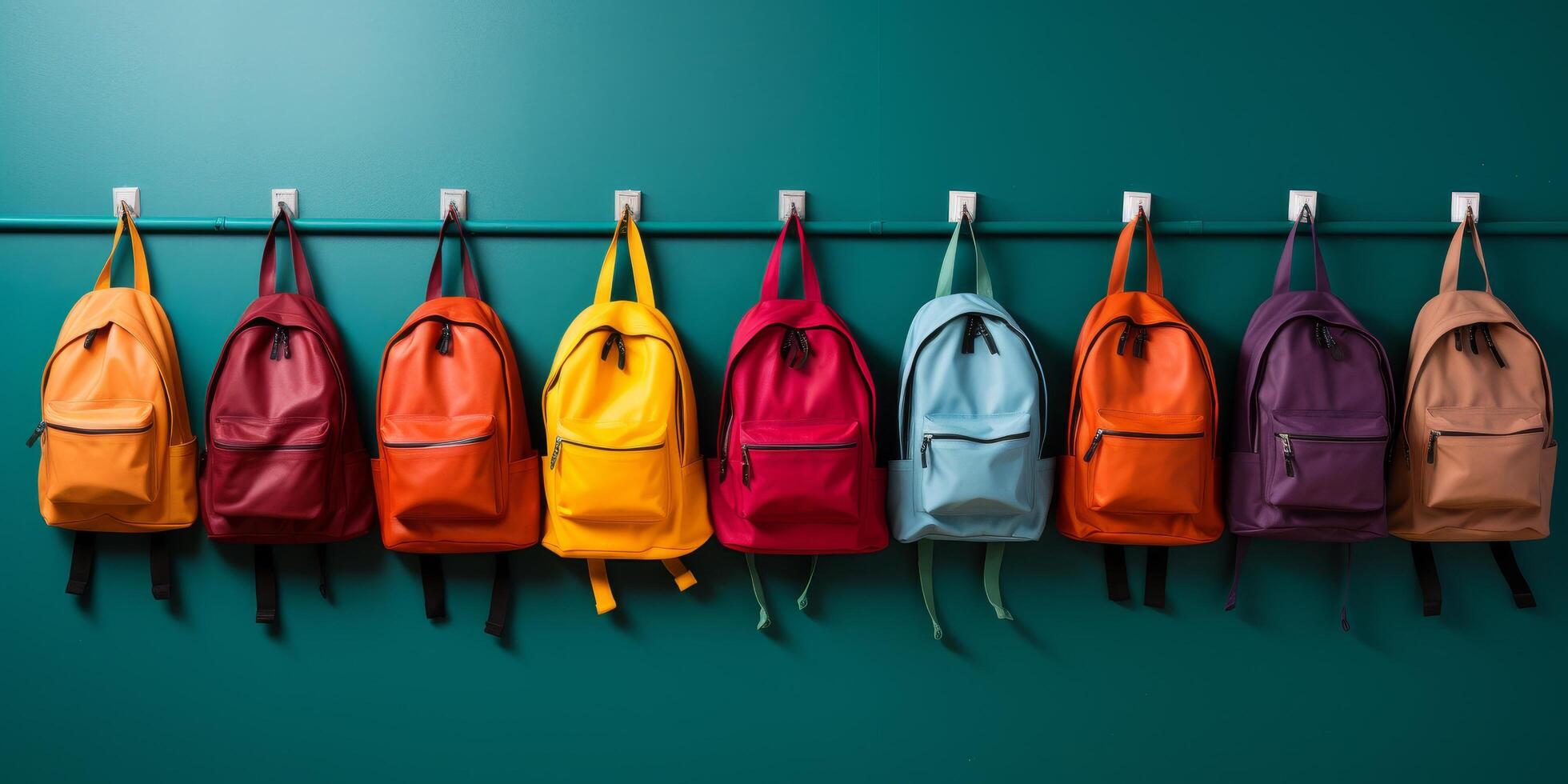 Colorful backpacks hanging on a green wall photo