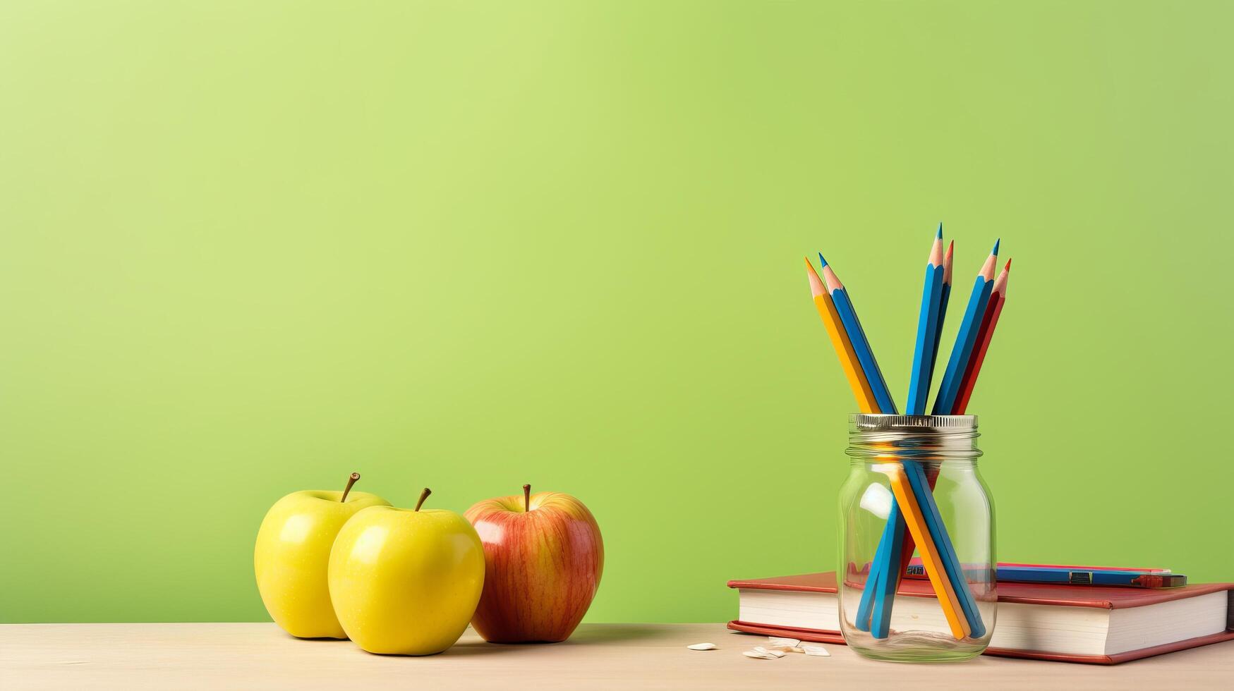 back to school supplies and apples on desk photo