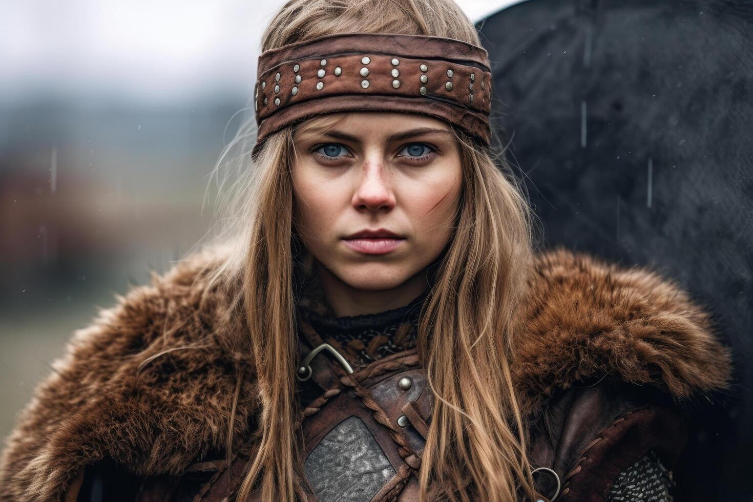 Fierce warrior woman in winter clothing photo