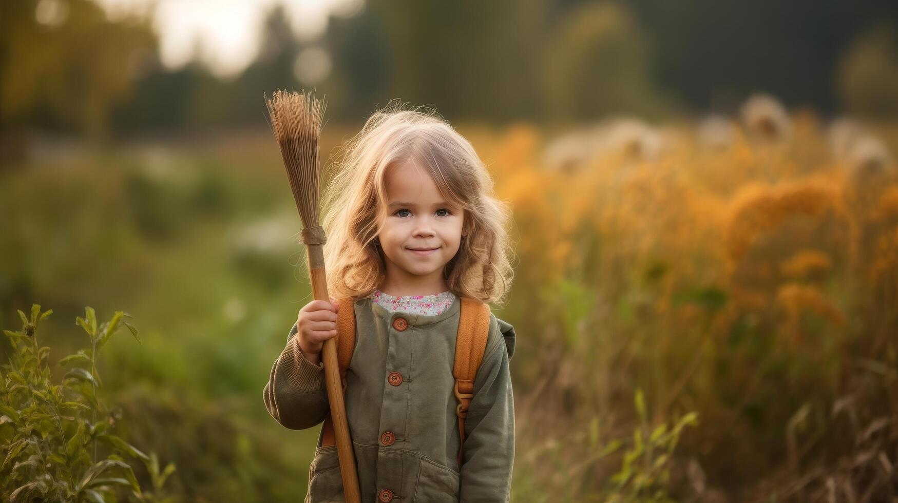 young girl with broom in autumn field photo