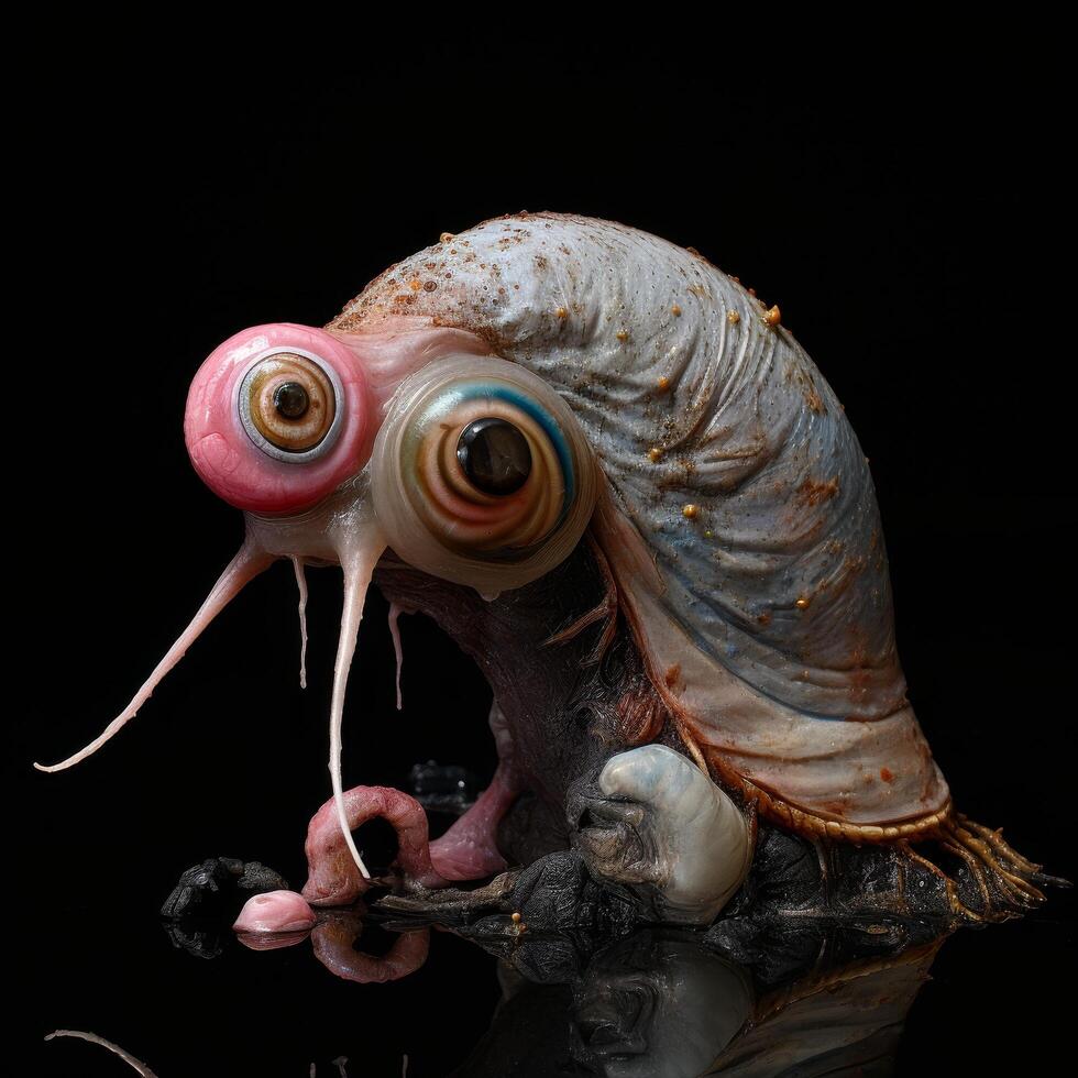 Bizarre bug eyed creature with large pink eyes and segmented body photo