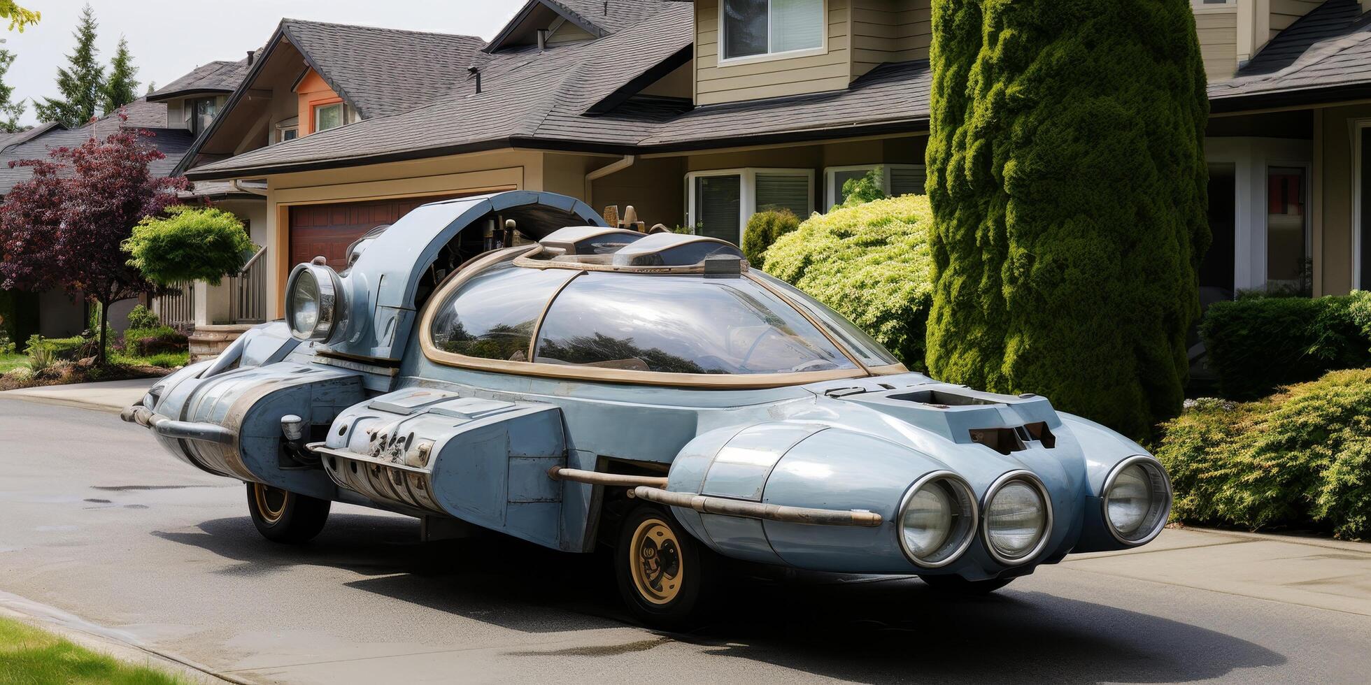 Futuristic vehicle parked in front of residential houses photo