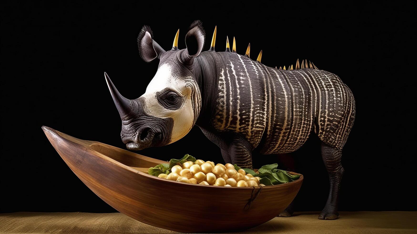 Rhinoceros with patterned skin and horns standing next to a wooden bowl filled with corn kernels photo