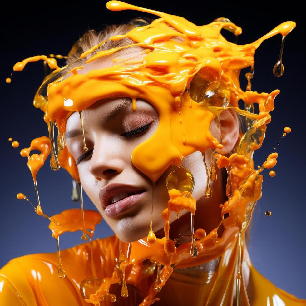 Vibrant portrait of a woman covered in orange liquid photo