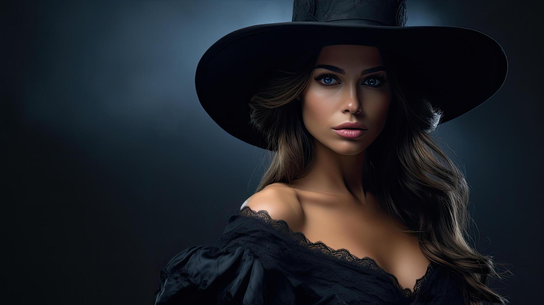 Mysterious woman in black hat and dress photo