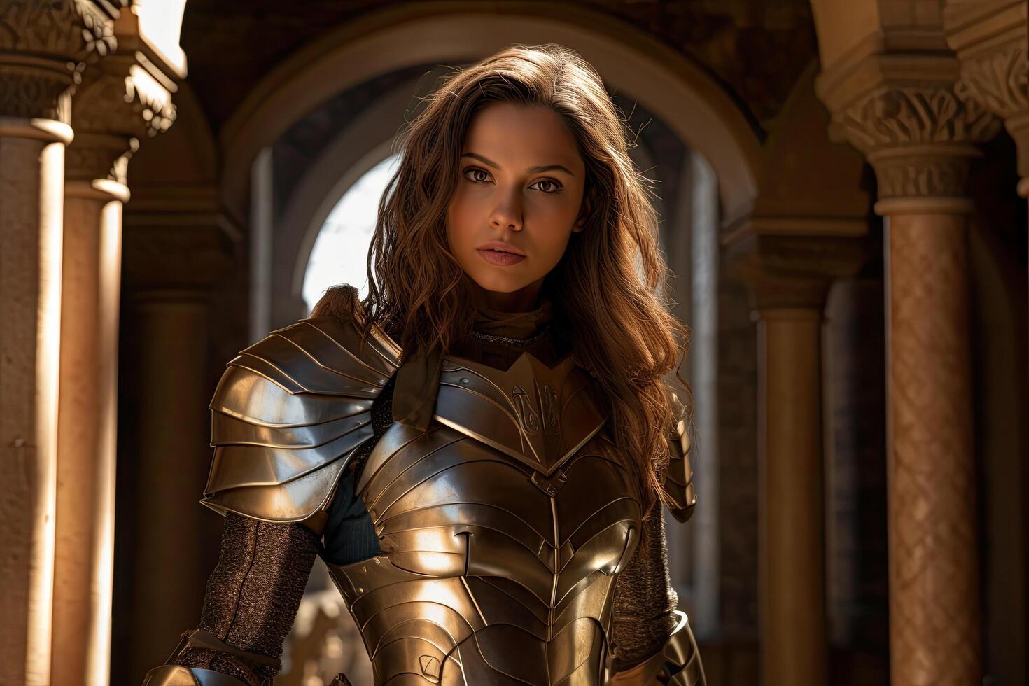 female warrior in golden armor standing in an archway photo