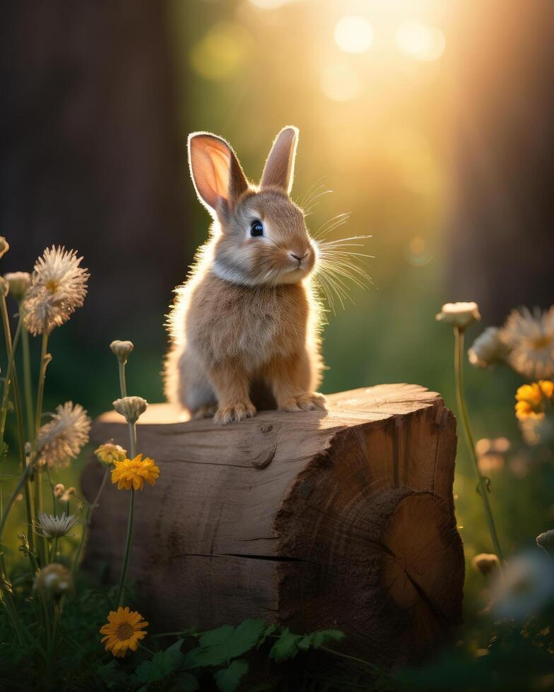 Cute rabbit sitting on a tree stump in a field of flowers photo