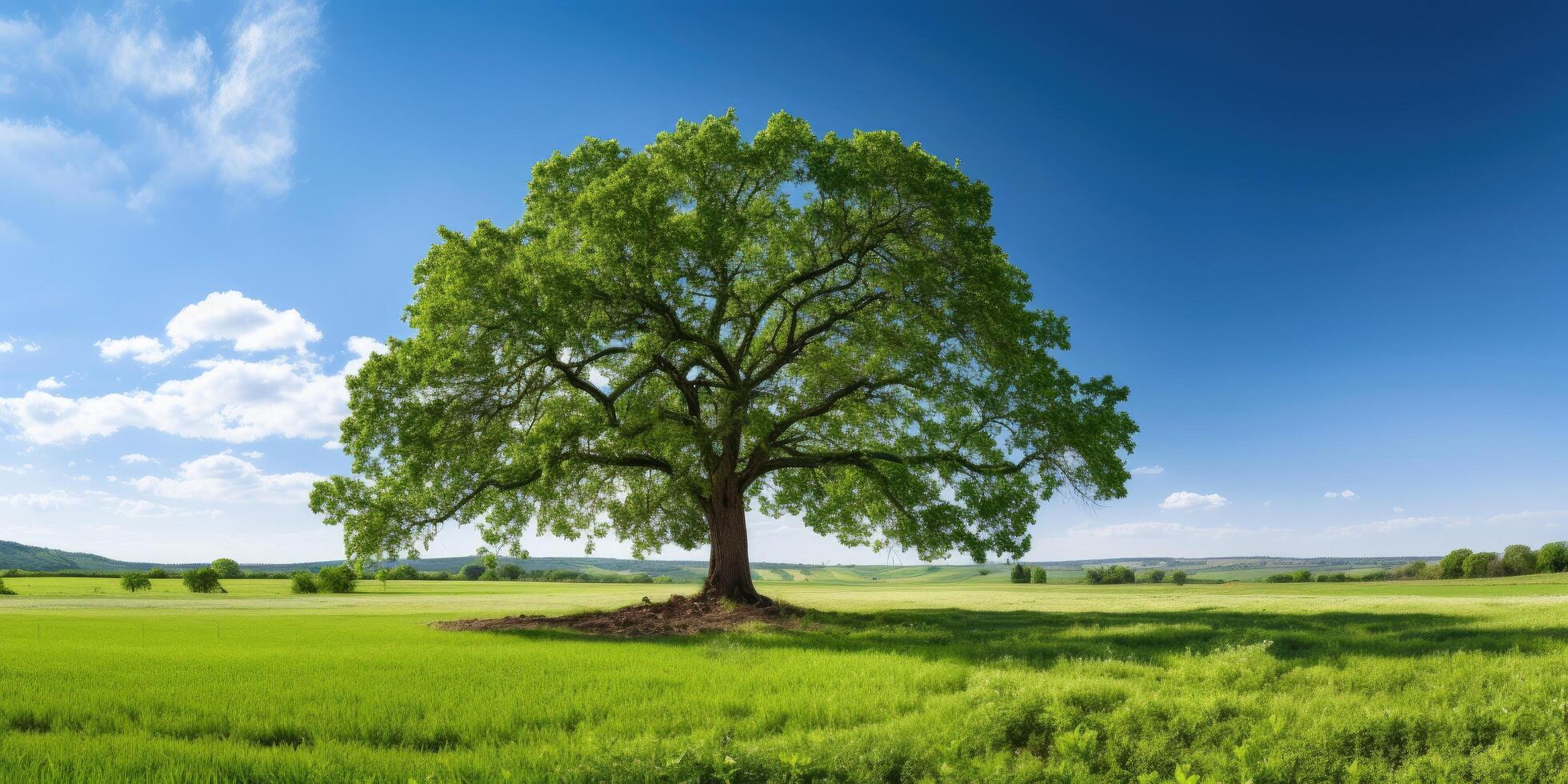 Majestic oak tree in lush green meadow photo