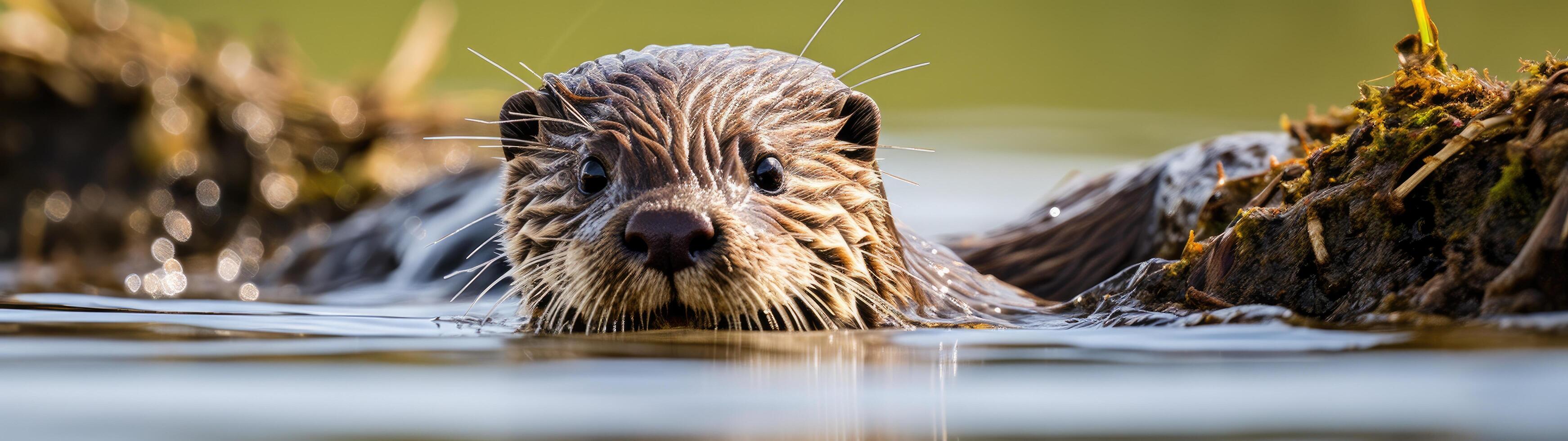 Curious otter peeking out of the water photo