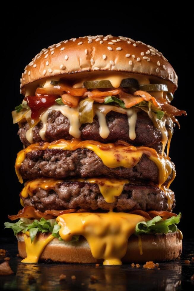 Delicious cheeseburger with melted cheese, pickles, and vegetables photo