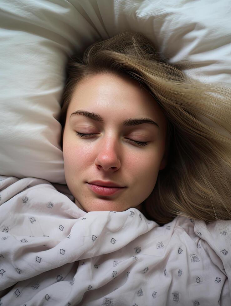 young woman resting peacefully in bed photo
