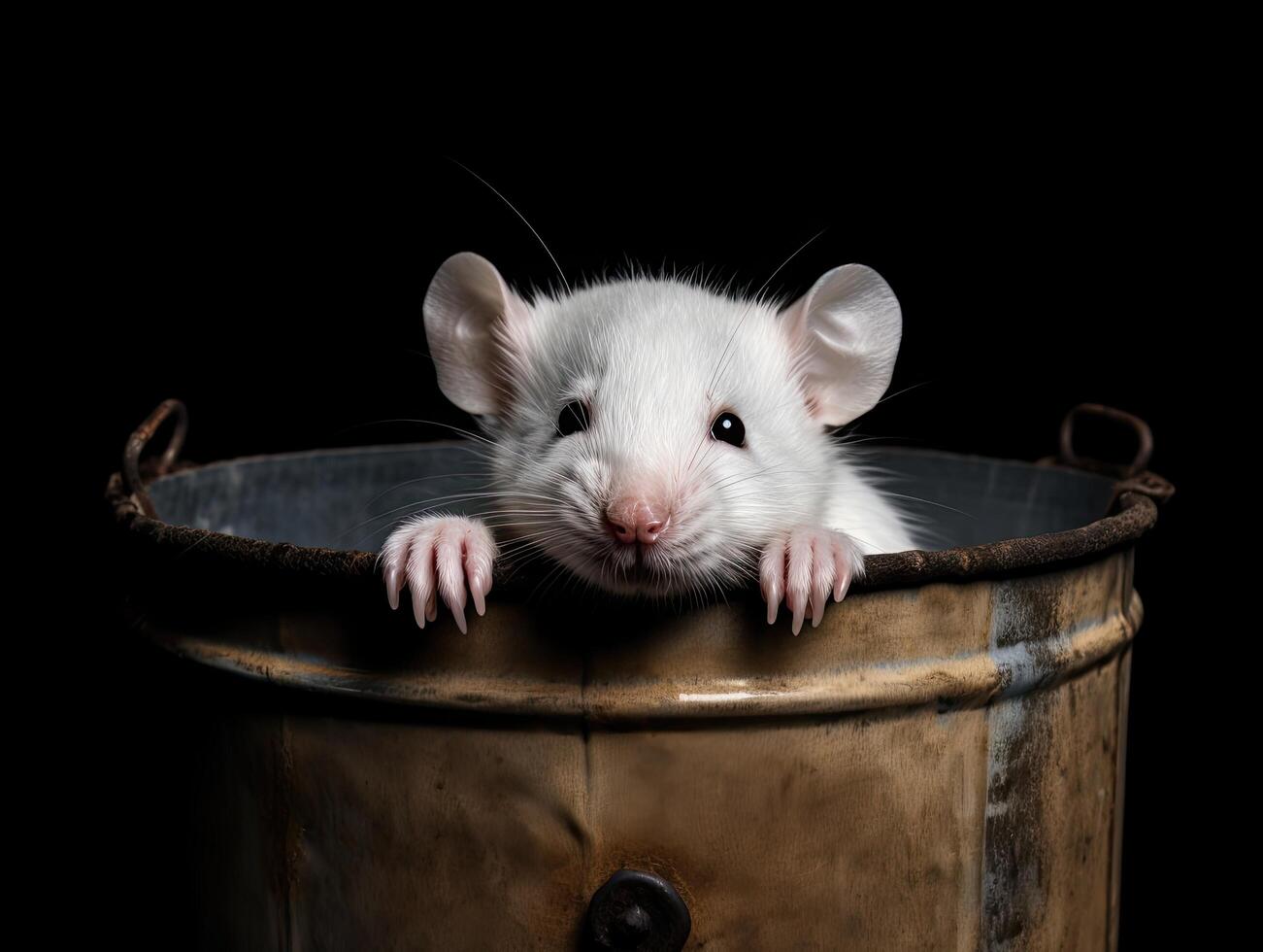 Curious white mouse peeking out from wooden barrel photo