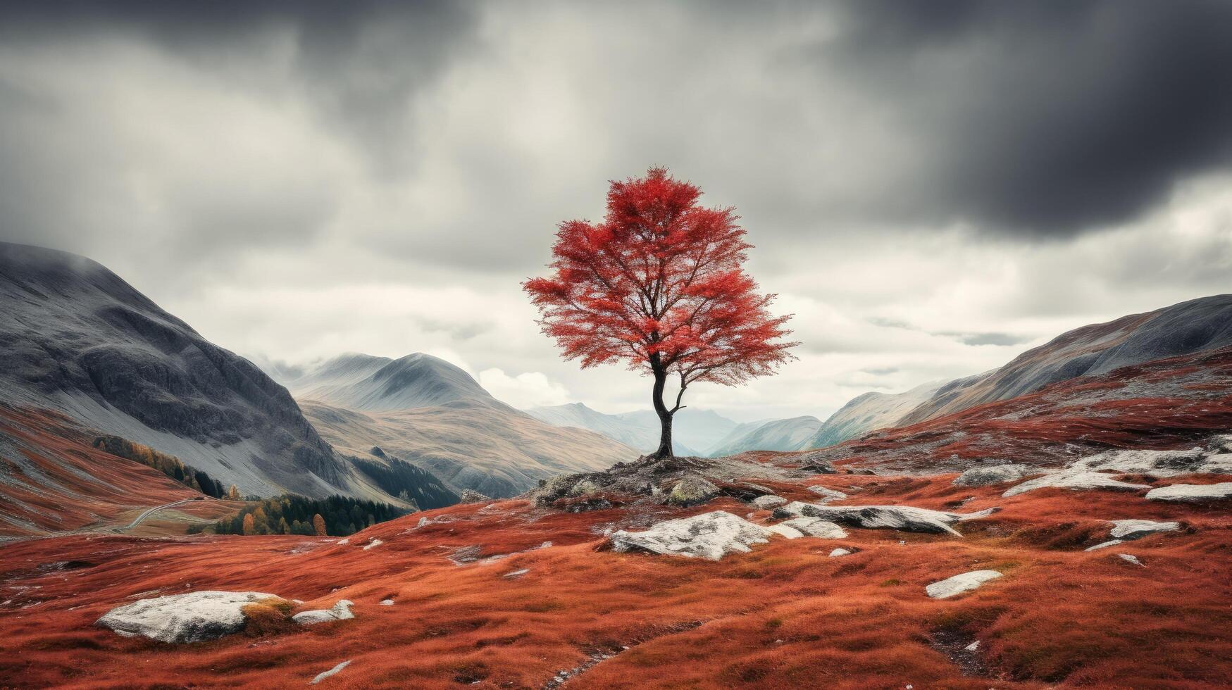 Lone red maple tree in autumn landscape photo