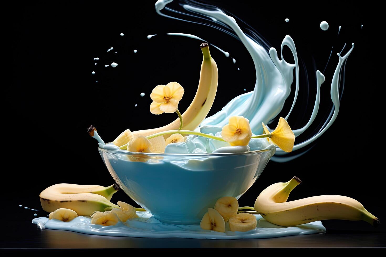 Splashing fruit smoothie with banana and flowers photo