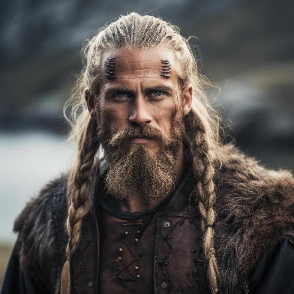rugged viking warrior with long blonde hair and beard photo