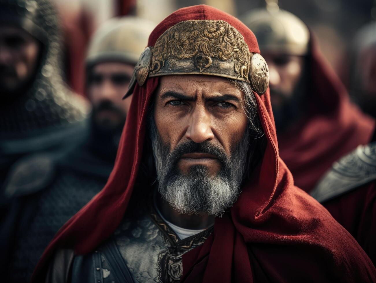 Bearded man in red cloak and ornate headpiece photo
