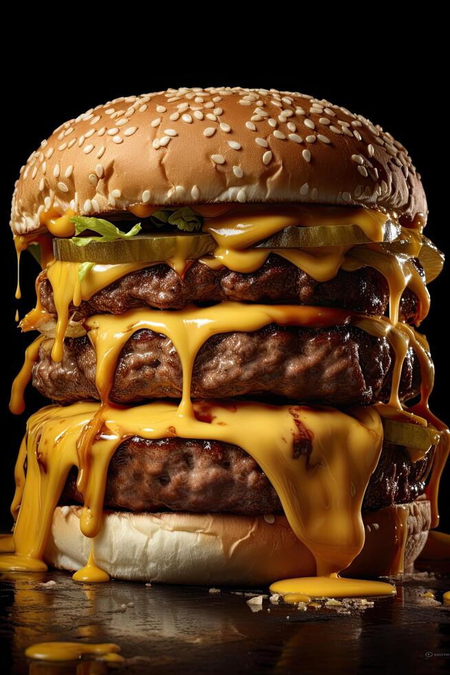 Delicious cheeseburger with melted cheese and sesame seed bun photo