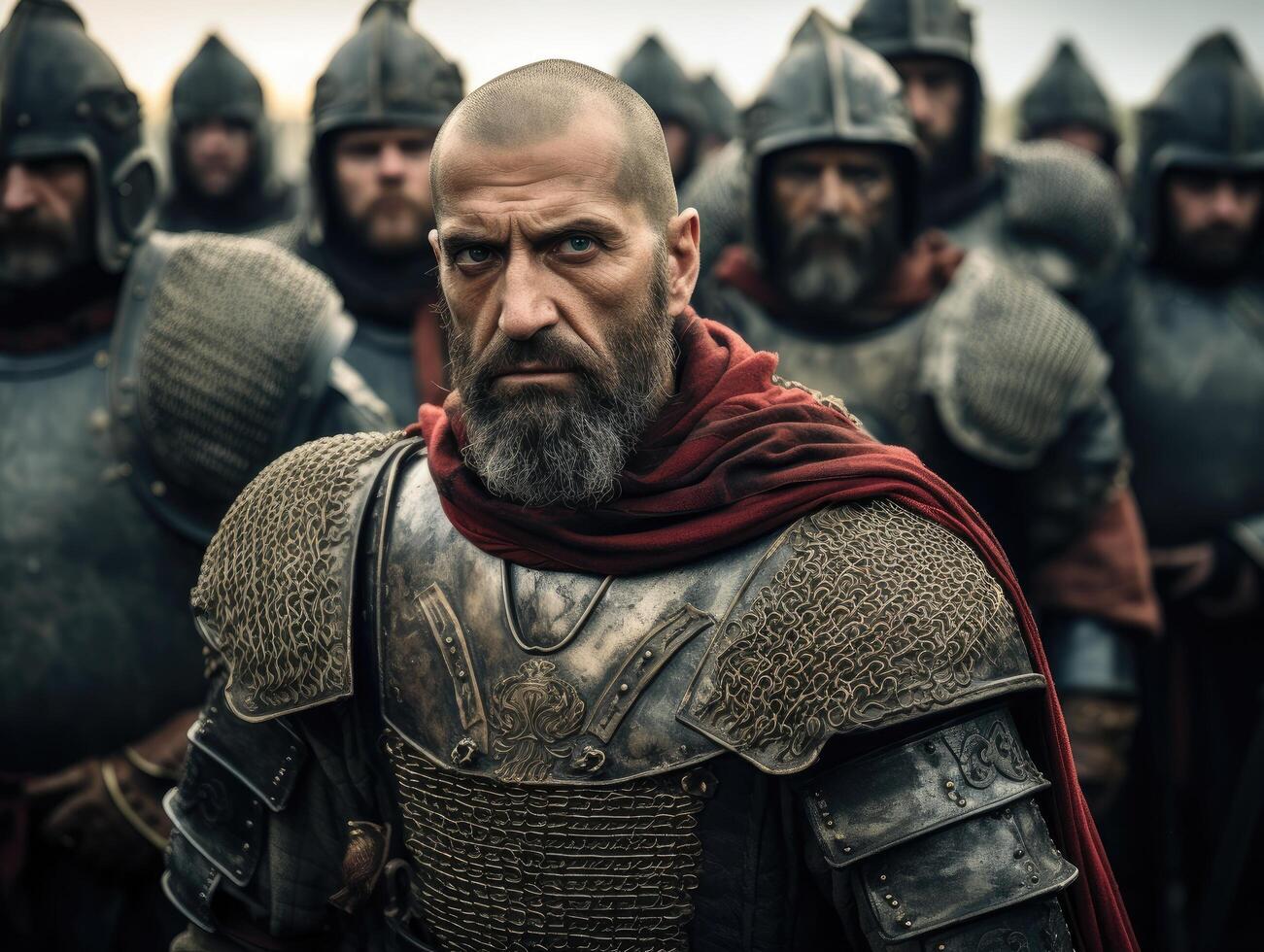Fierce medieval warrior leading an army photo