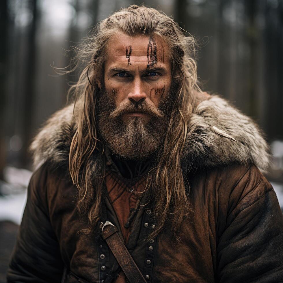 rugged bearded man in winter forest photo