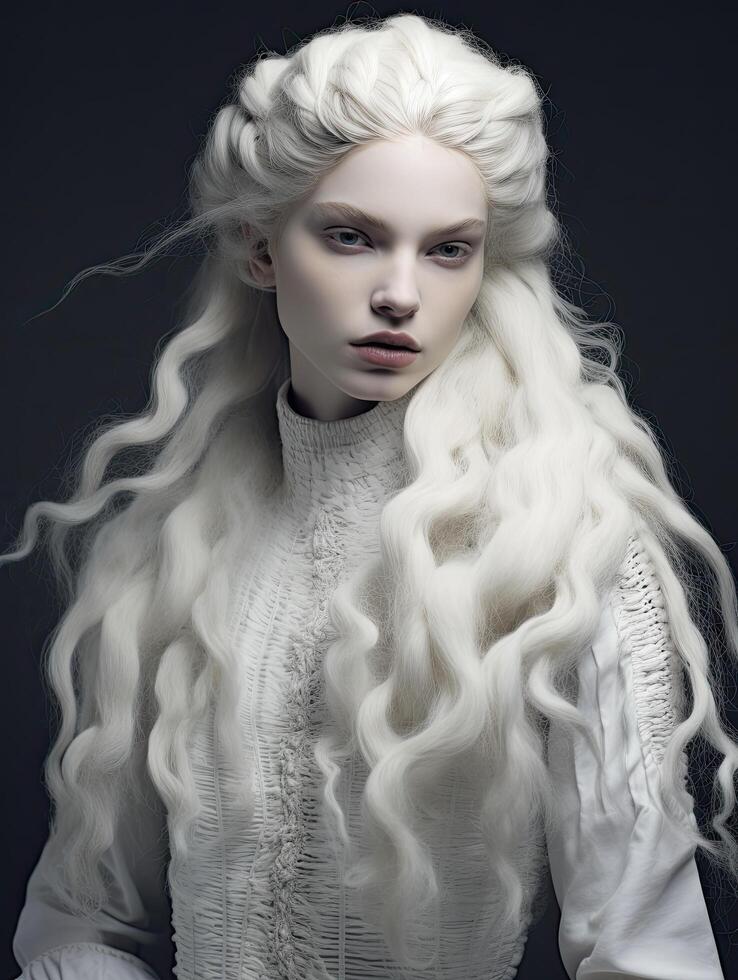 Dramatic portrait of a woman with long, curly white hair photo
