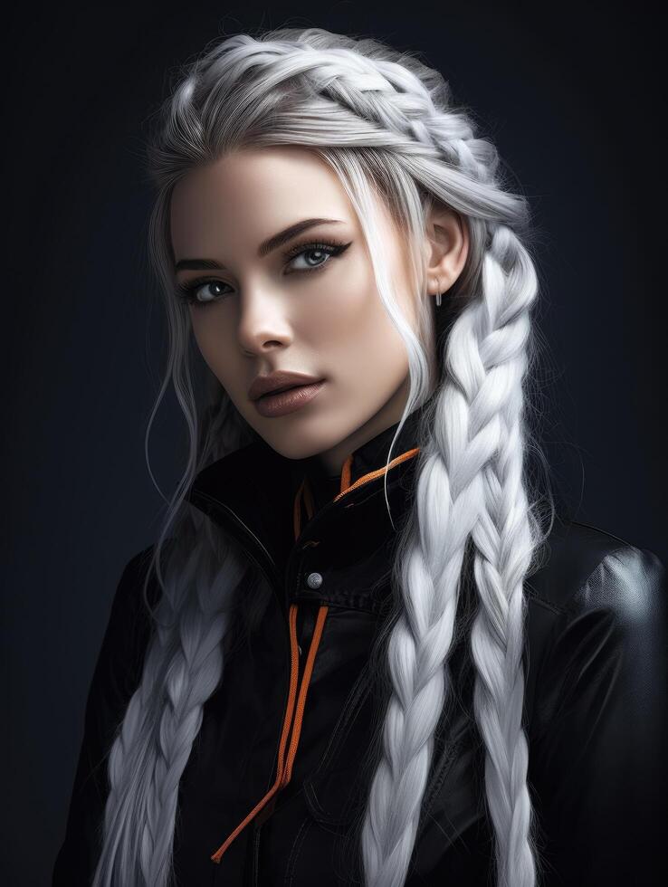 Dramatic portrait of a woman with braided platinum blonde hair photo