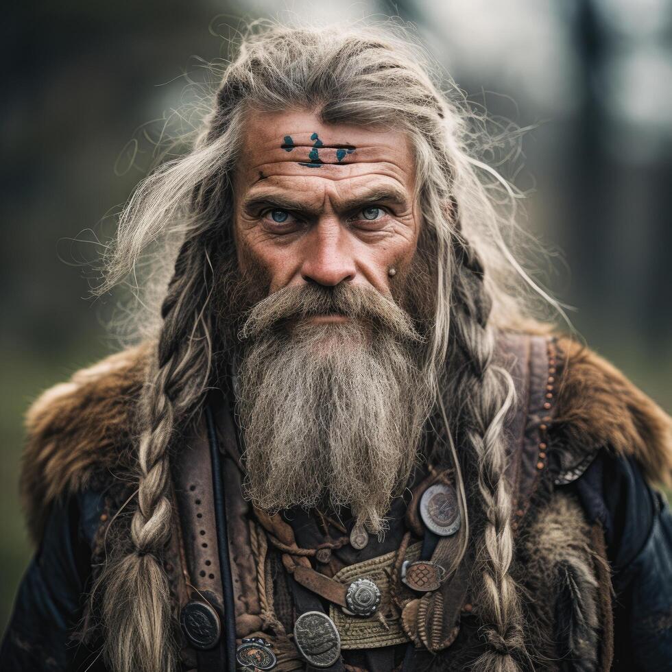 Weathered face of an elderly man with long beard and hair photo