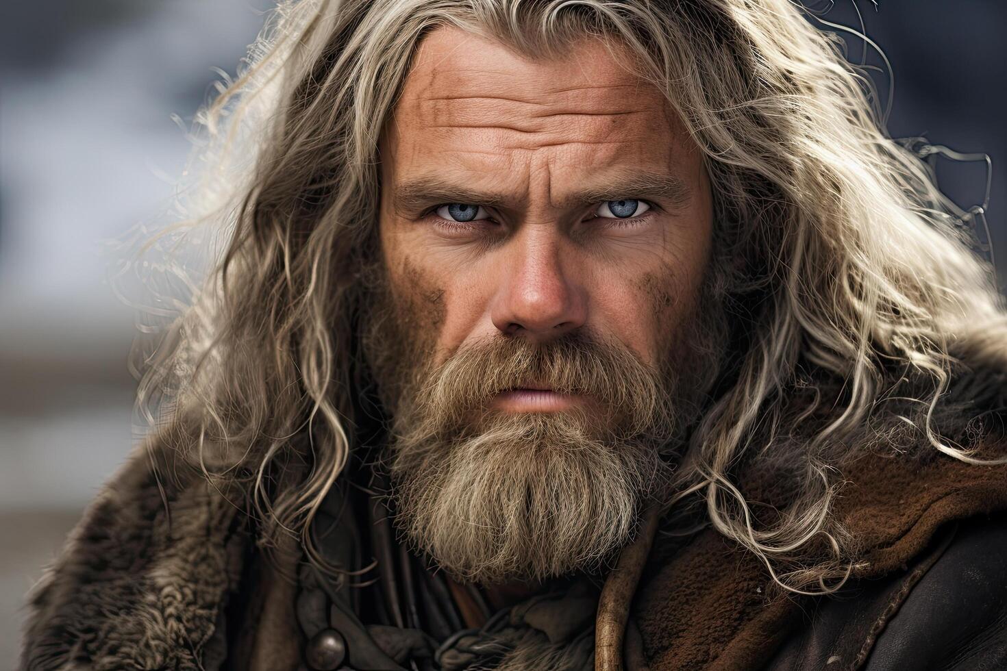 close up portrait of a rugged man with long hair and beard photo