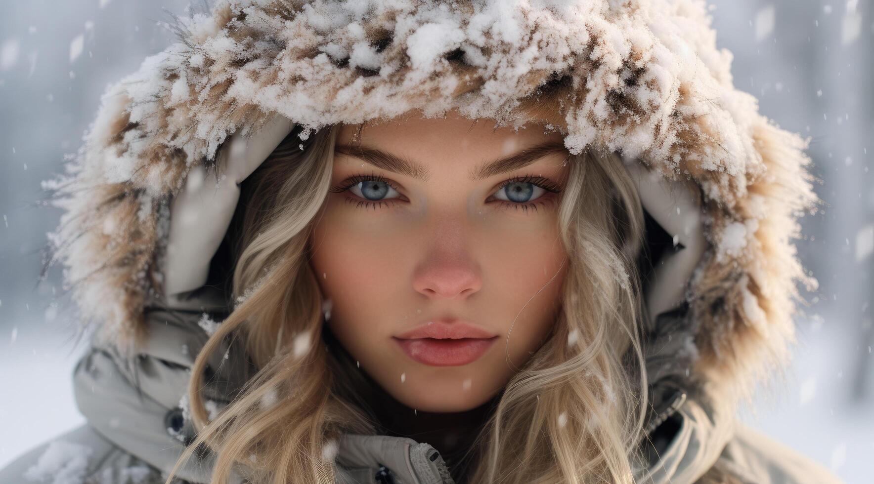 beautiful woman in winter coat with snowy hood photo