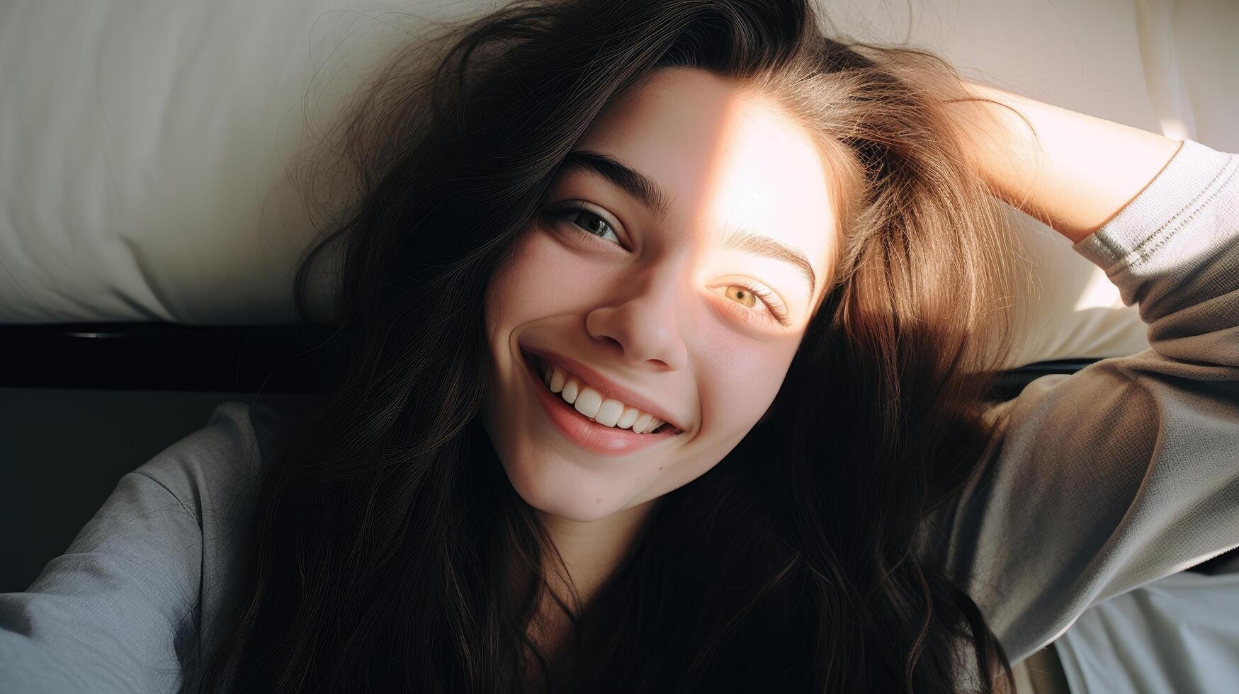 smiling woman with long dark hair photo