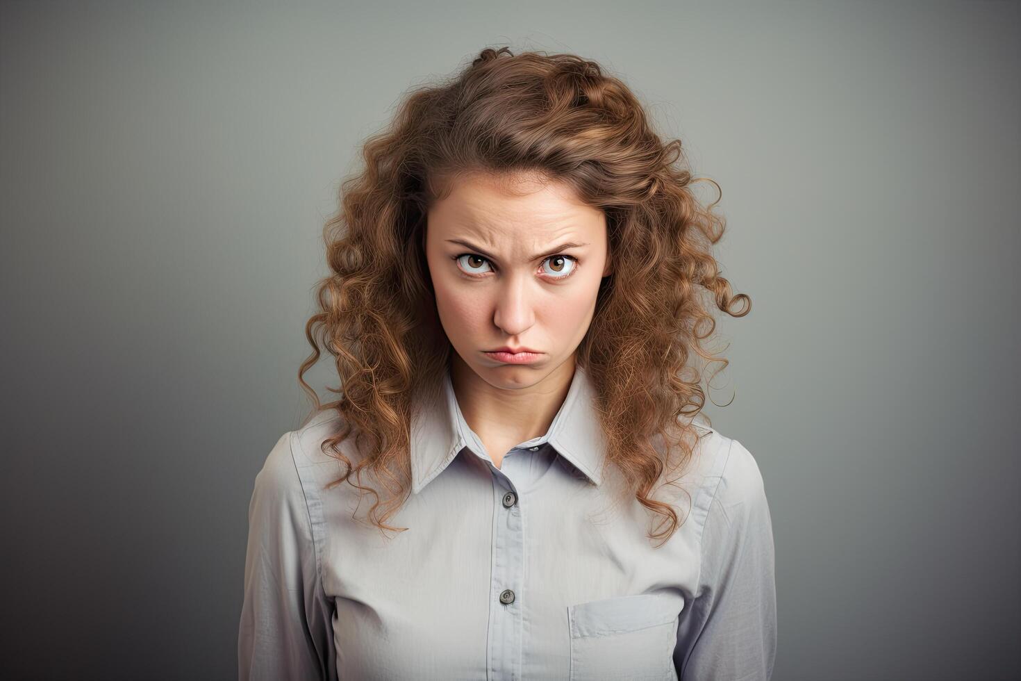 Displeased young woman with curly hair photo