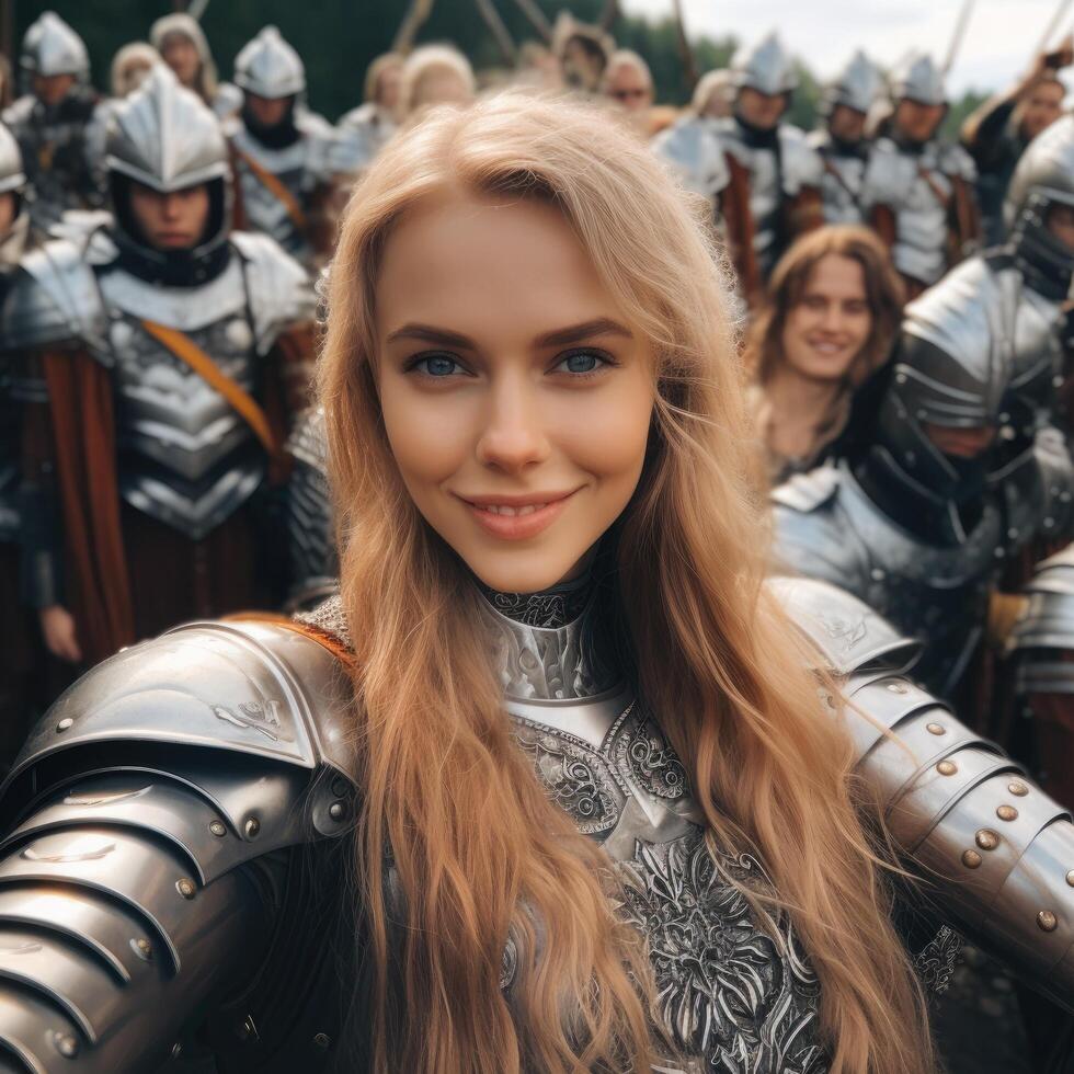 Smiling woman in medieval armor with soldiers in background photo