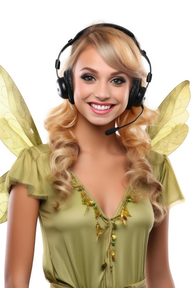 Smiling woman with headset and fairy wings photo