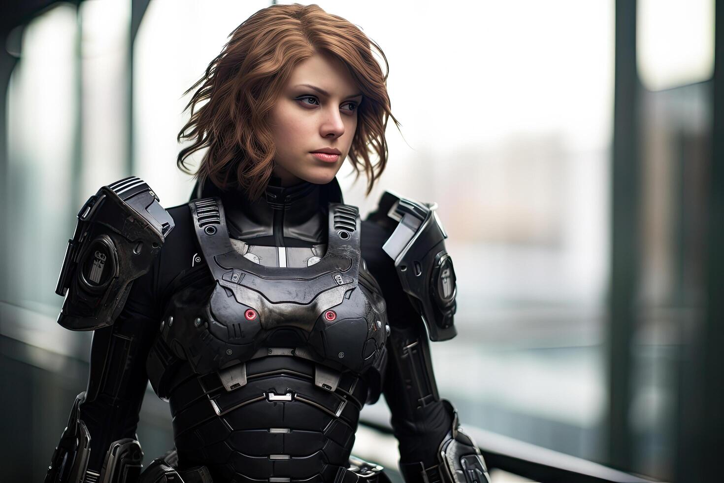 futuristic female soldier in black armor photo