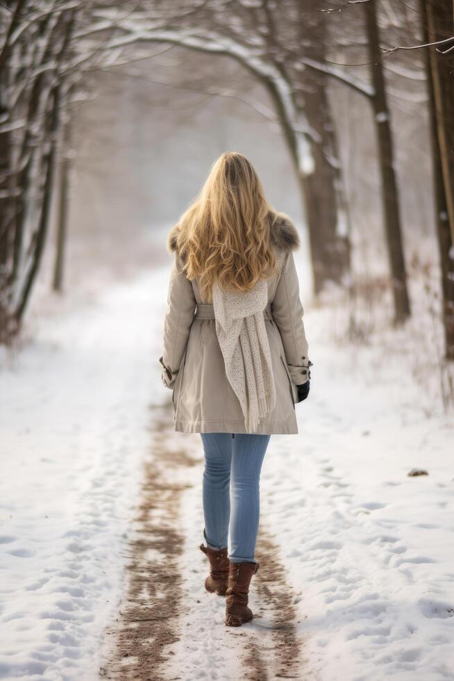 woman walking in snowy forest photo