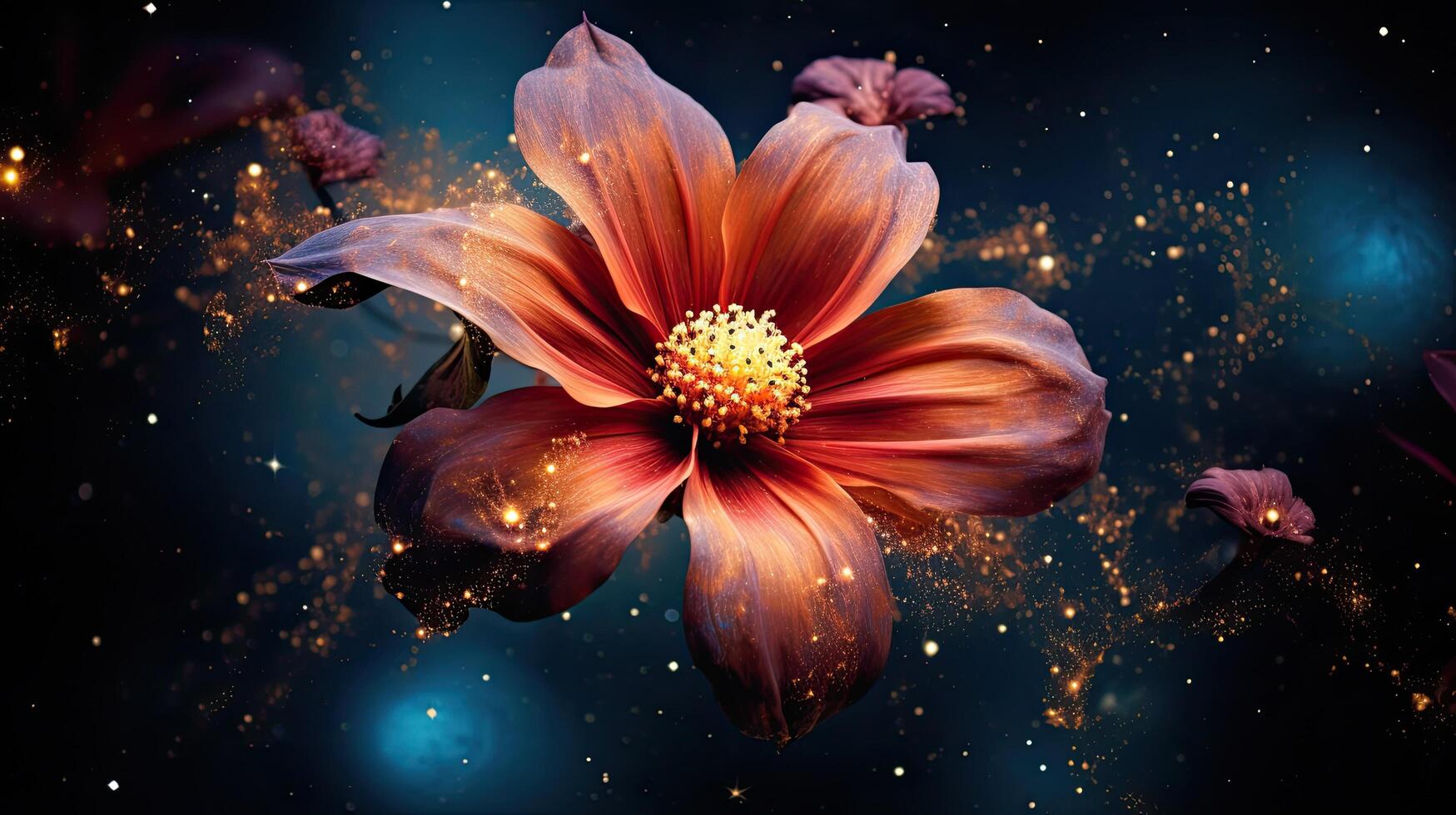 Magical glowing flower in dark night sky photo