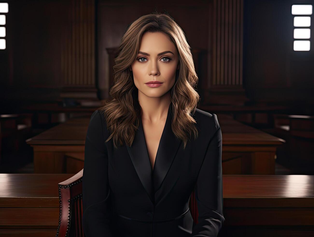 confident woman in black suit posing in courtroom photo