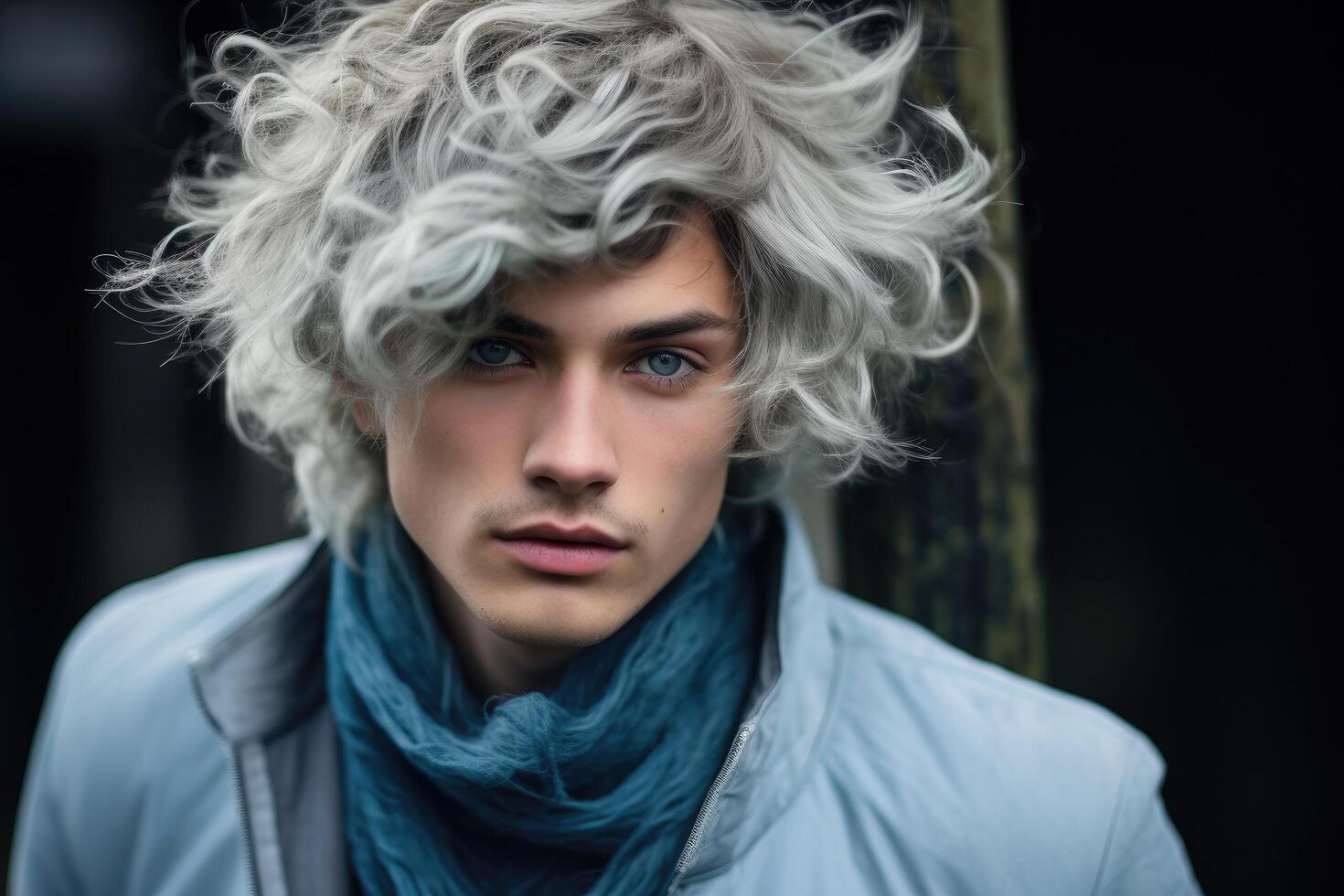 Windblown hair of a young person with striking blue eyes photo