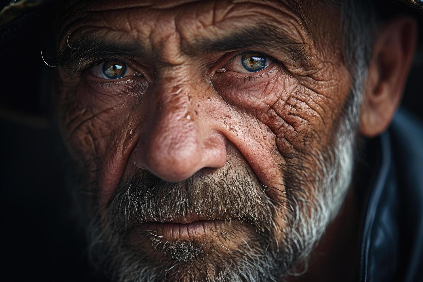 Close up portrait of an elderly man with a weathered face and piercing eyes photo