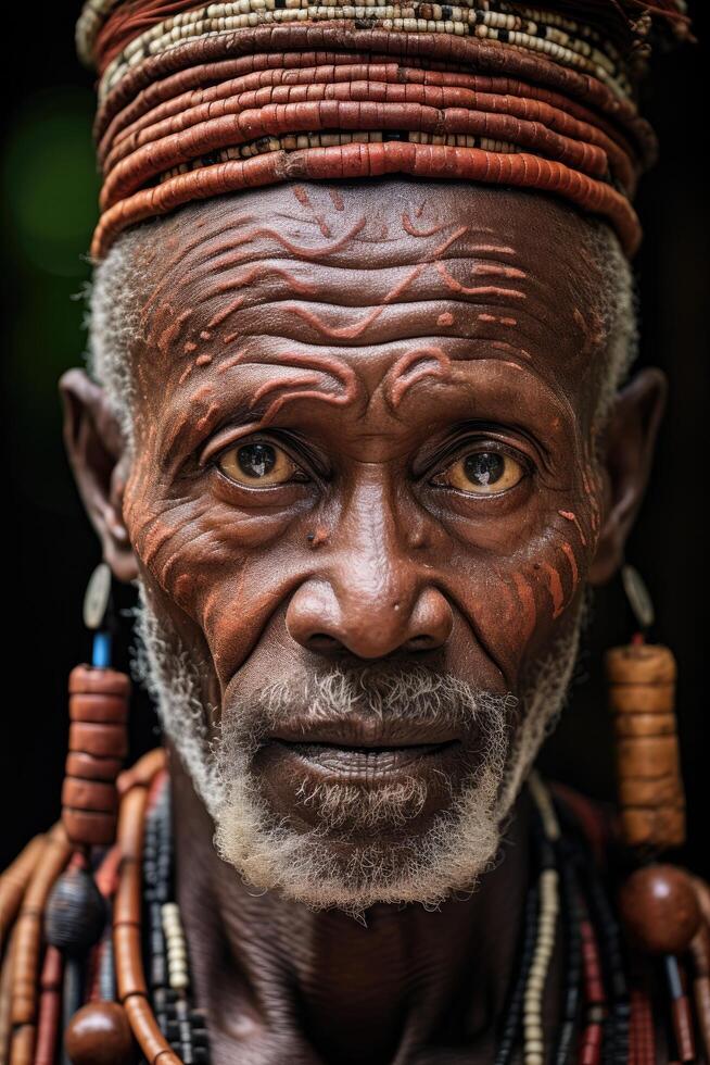Tribal elder with intricate face paint and beaded headpiece photo