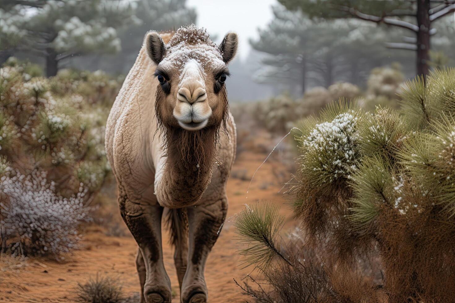 Snowy camel in winter forest landscape photo