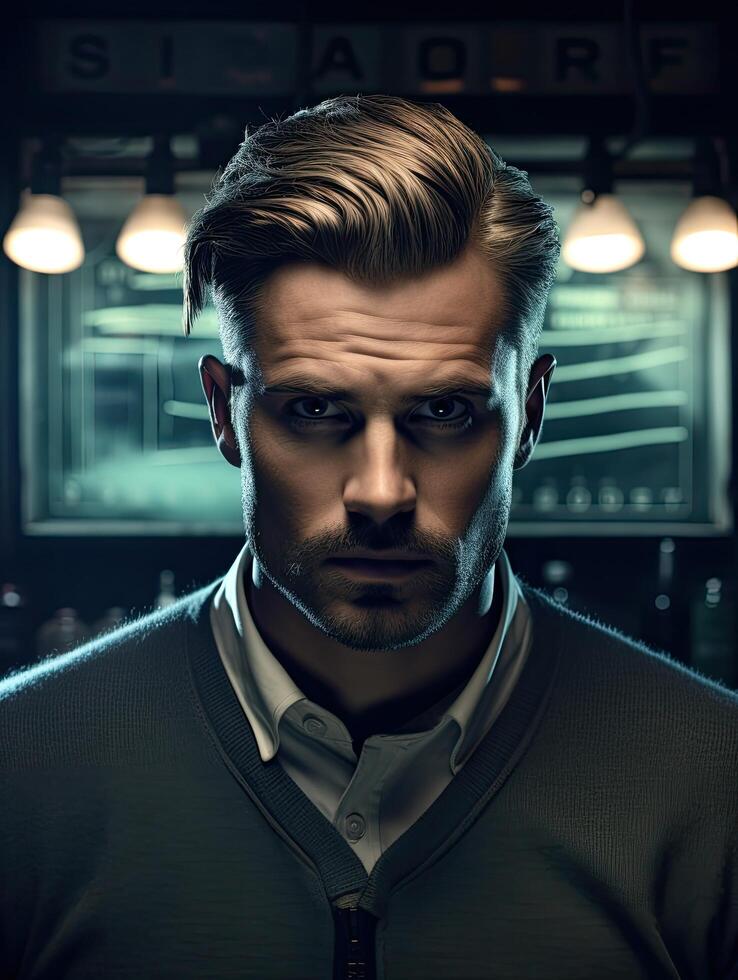 Serious businessman with slicked back hair and beard photo
