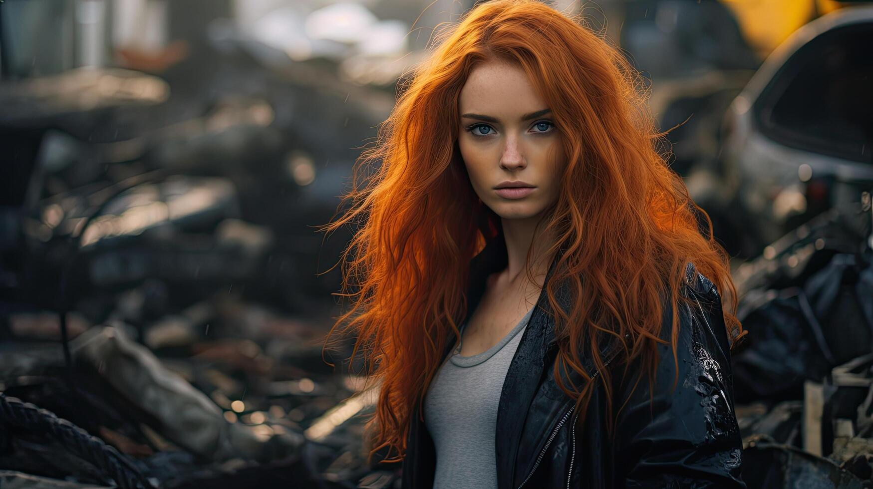 Mysterious redhead woman in urban setting photo